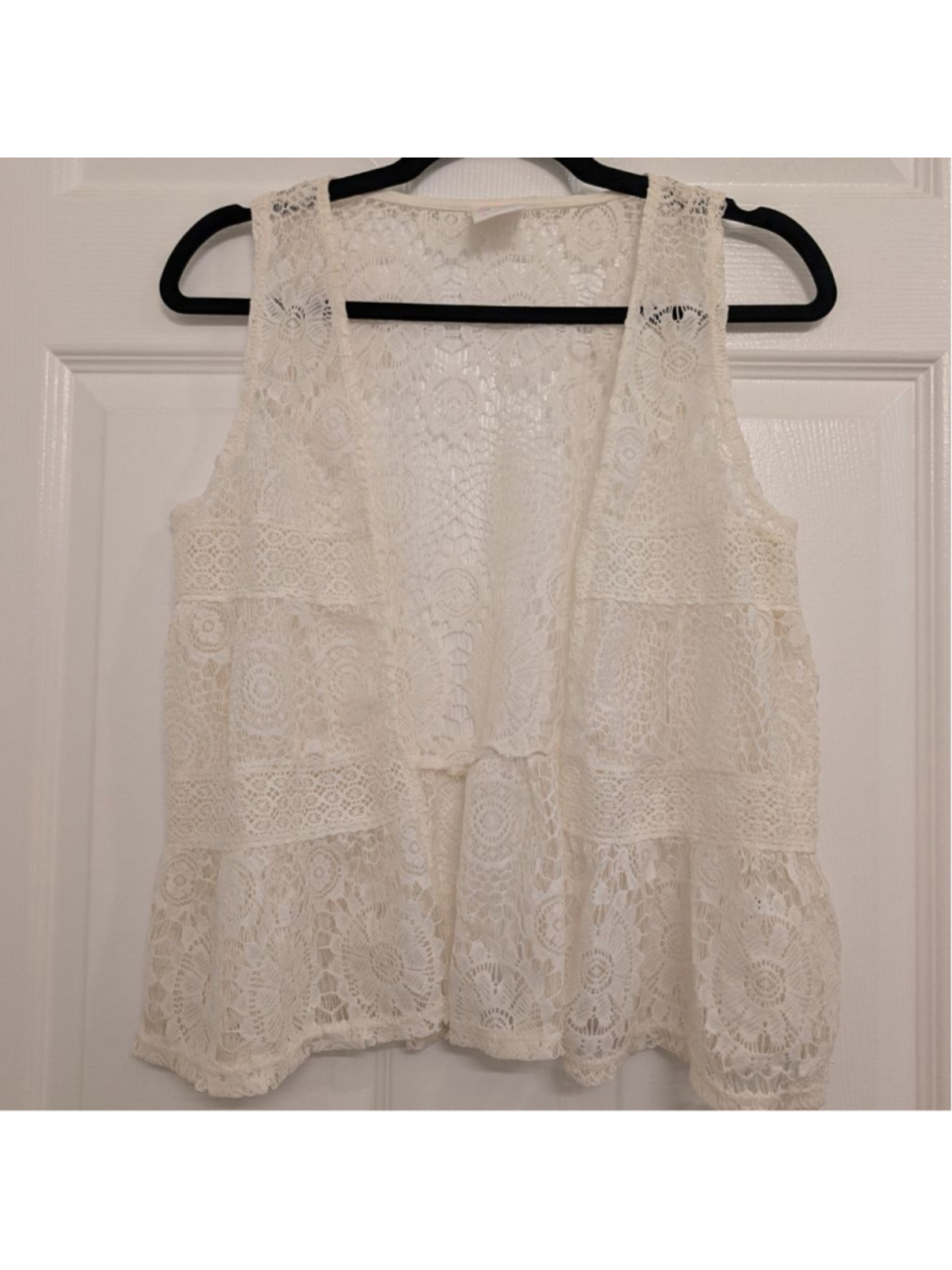 Boho Cream Floral Lace Vest Cardigan Scalloped Layering Top Ethereal Festival